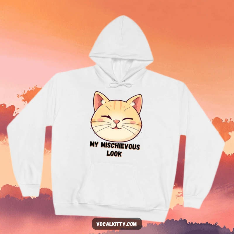 Funny cat hoodie featuring a cartoon cat face with whiskers cleverly arranged to form a playful wink, offering comfort and humor.