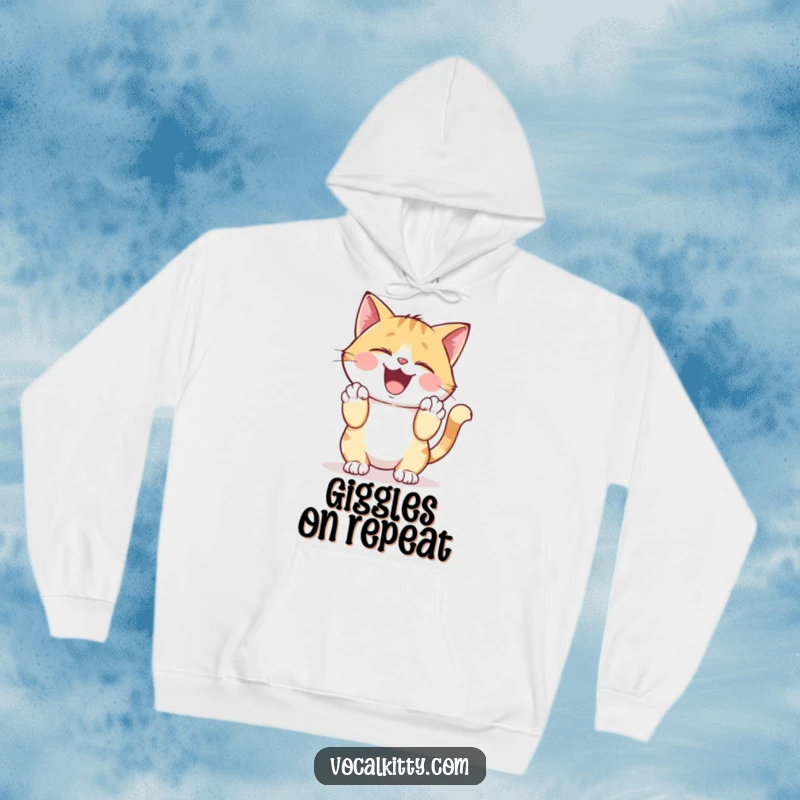Funny Hoodie of a cat character giggling heartily, holding its sides, perfect for spreading cheer.