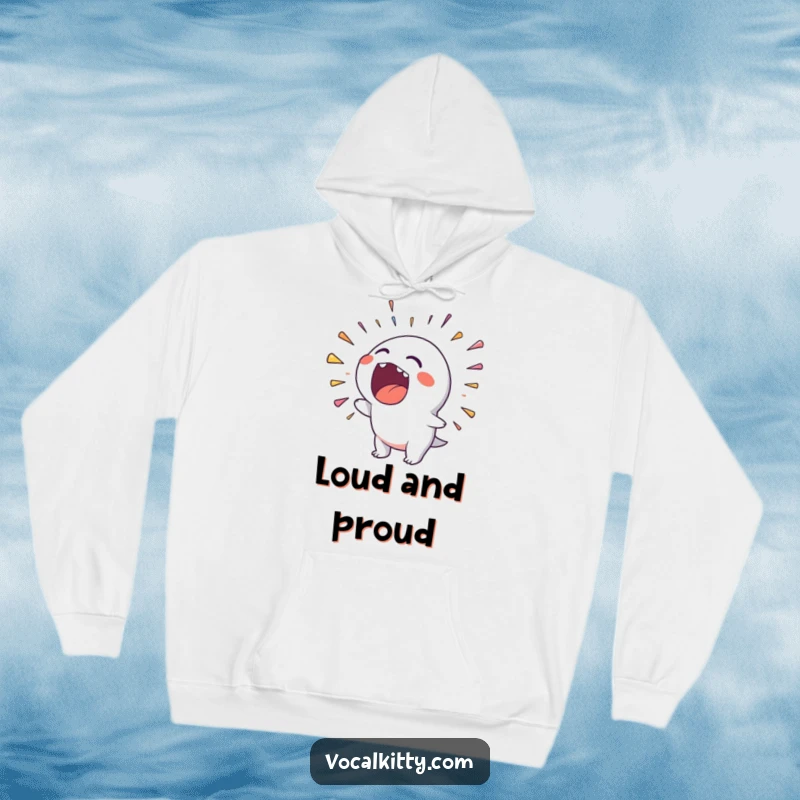 Funny hoodie showing a character with mouth agape, exploding with a vibrant rainbow of sound, perfect for comfy expression.