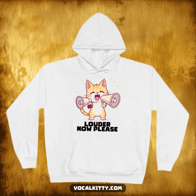 Funny cat hoodie with a determined character practicing yelling into a giant megaphone, perfect for comfortable, humorous casual wear.