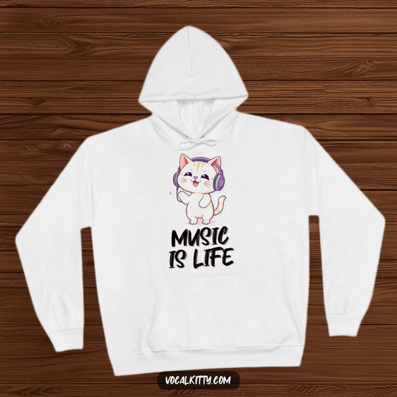 Funny hoodie featuring a cat wearing huge headphones, rhythmically bouncing to loud music, embodying pure joy.
