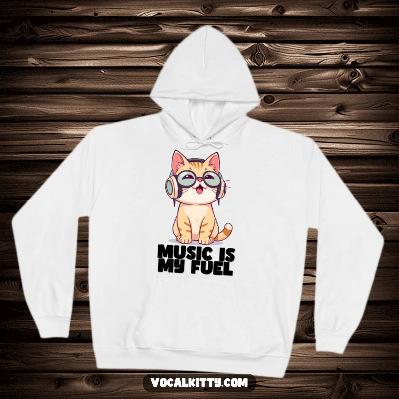 Funny hoodie depicting a cat wearing oversized headphones and enthusiastically bobbing its head to music, lost in rhythm.