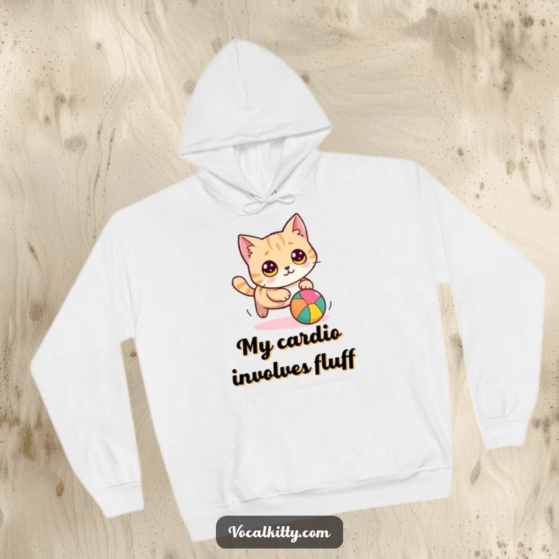 Funny cat hoodie depicting a plump cat with wide, innocent eyes, hilariously chasing a vibrant ball, perfect for cozy, humorous moments.