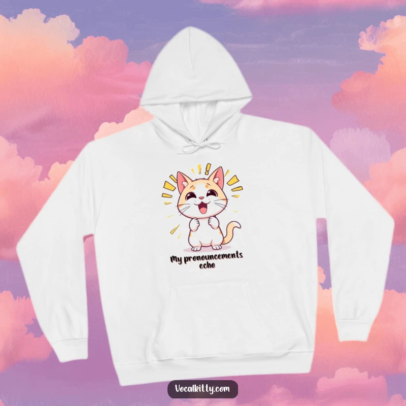 Funny cat hoodie graphic of a cartoon cat yelling with massive, colorful sound effect graphics like 'ROAR!' and 'BOOM!' emanating from its mouth.
