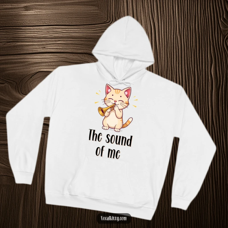Funny Cat Hoodie: A warm, comfortable sweatshirt featuring a cat playing a tiny trumpet, with prominent sound waves illustrating its powerful musical output.