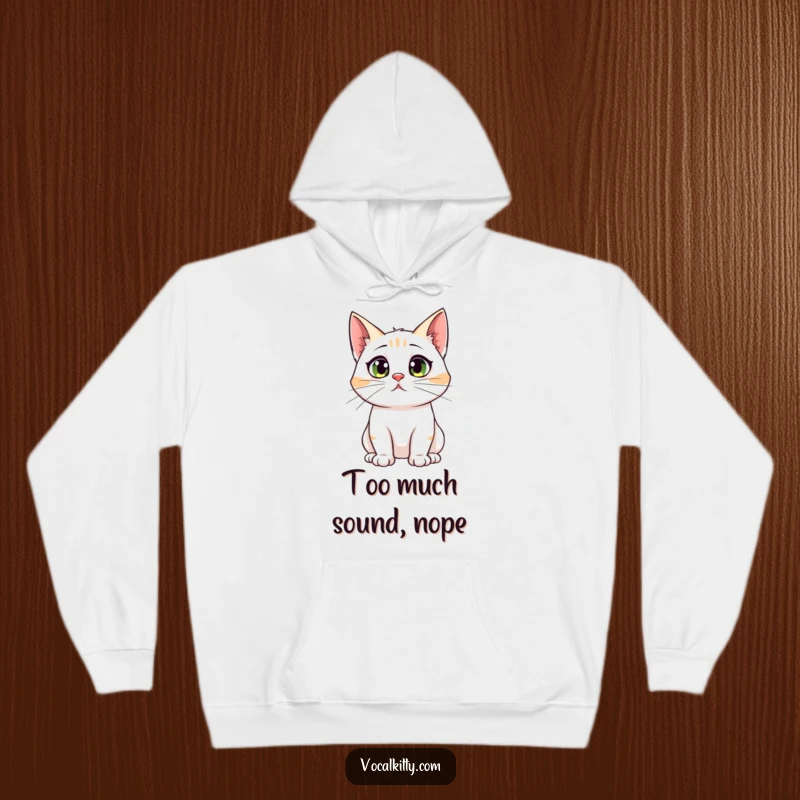 Funny hoodie depicting a cat with extremely large ear canals looking startled, perfect for those who appreciate humor about being easily surprised.