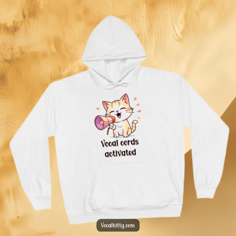 Funny hoodie featuring a cat wielding a megaphone, sending out colorful sound waves, perfect for those who love to express themselves loudly.