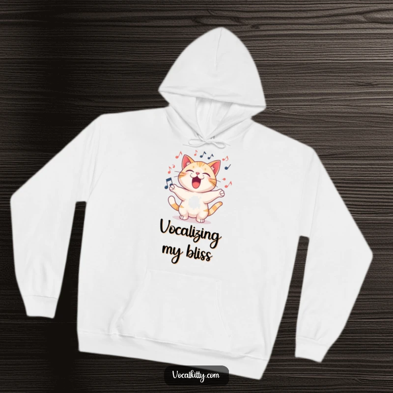 Funny Hoodie of a cat character loudly singing a joyful song, with musical notes creating a dynamic swirl.