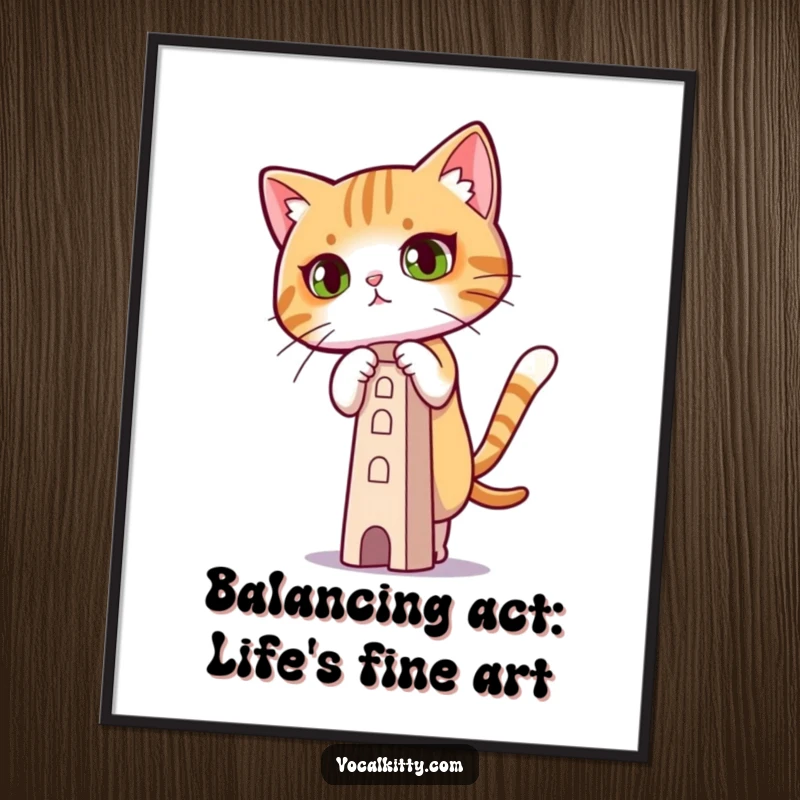 Funny Free Printable Wall Art: A cat with intense concentration balances a tiny, precarious tower with skill.