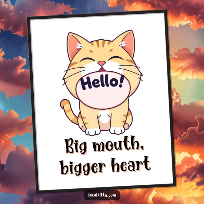 Funny Free Printable wall art of a cat yelling 'Hello!' its mouth stretched into a giant, comical oval, full of expressive energy.