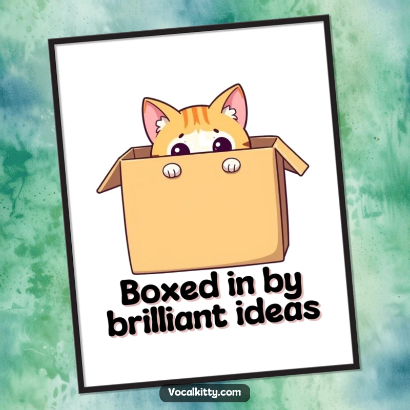 Funny Free Printable Wall Art of a curious cat peeking out from a comically oversized cardboard box, adding quirky charm.