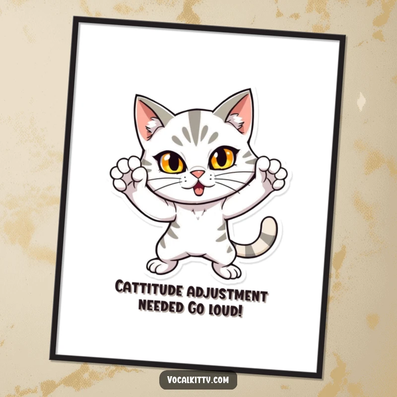 Funny Free Printable Wall Art: A dramatic cat in a loud, attention-grabbing pose, bringing bold and humorous feline energy to your decor.