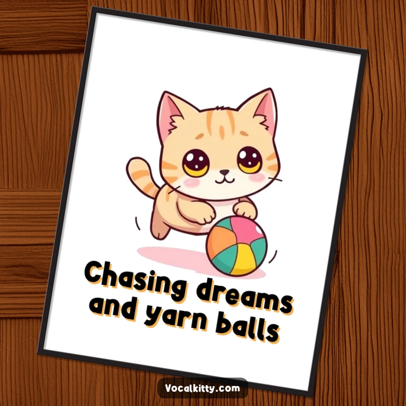 Funny Free Printable Wall Art showcasing a round, wide-eyed cat in a dynamic pose, joyfully chasing a colorful ball.