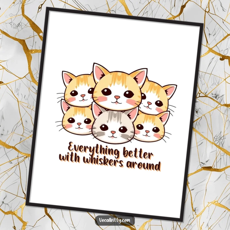 Funny Free Printable Wall Art depicting a group of small cat heads with whiskers fanning out energetically, creating a whimsical and charming pattern.
