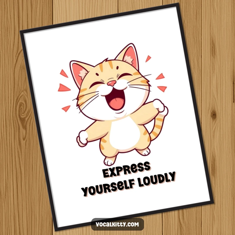 Funny Free Printable Wall Art: A cat shouting with exaggerated expressions and dynamic motion, bringing playful and energetic feline art to your home.