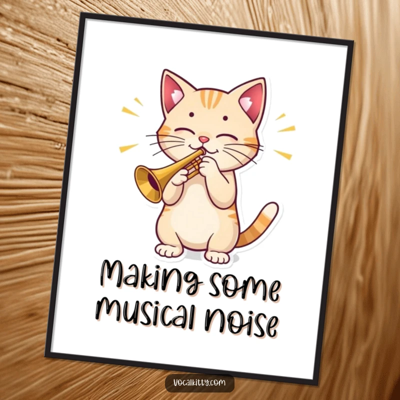 Funny Free Printable Wall Art: A cat plays a tiny trumpet, with comical booming sound waves, downloadable musical art.