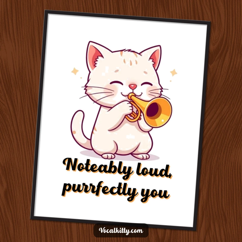 Funny Free Printable wall art depicting a cat playing a trumpet with extreme volume, surrounded by chaotic musical notes, a true spectacle.