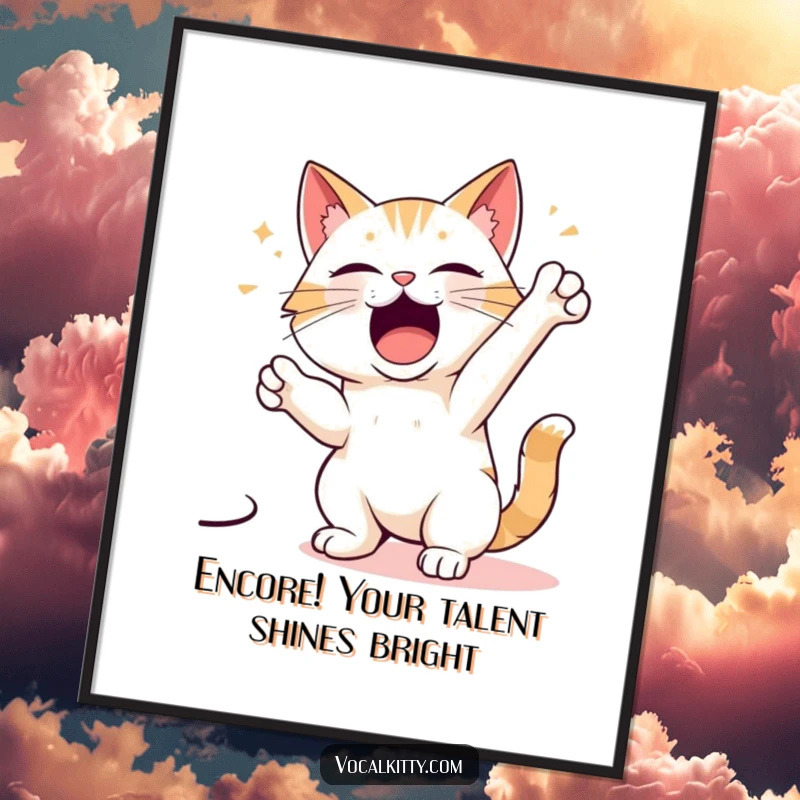 Free Printable Wall Art: A cat character striking a dramatic singing pose, ready for the spotlight, humorous downloadable decor.
