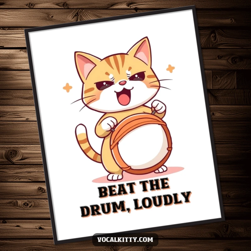 Free Printable Wall Art: A cat with a determined expression is energetically playing a drum very loudly.