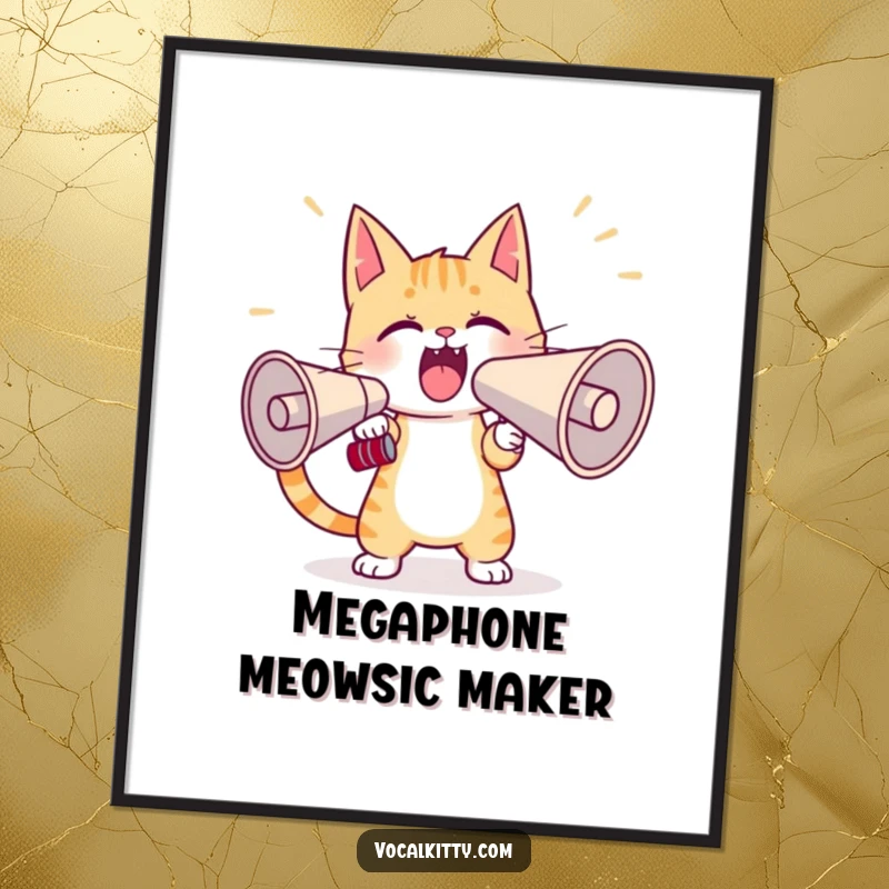 Funny Free Printable Wall Art: Cat Character Amplifying Voice with a Giant Megaphone, Bold and Amusing