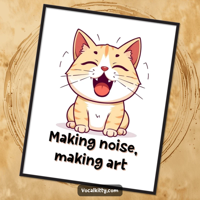 Funny Free Printable Wall Art: A cat with its mouth open, emitting sound waves, perhaps mid-meow.