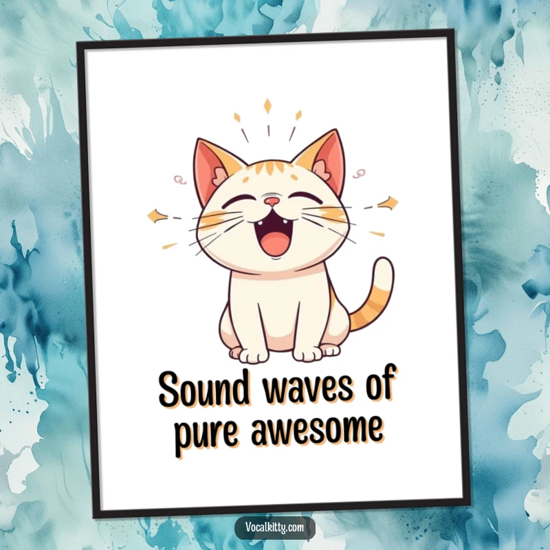 Funny Free Printable Wall Art: A cat projecting amplified sound waves from its open mouth, conveying a loud and humorous feline presence.
