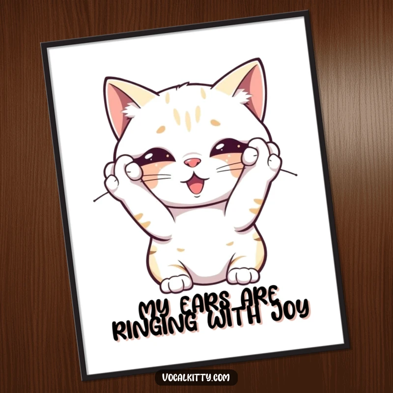 Funny Free Printable Wall Art: Cat with paws over ears, looking overwhelmed by noise, a relatable piece.