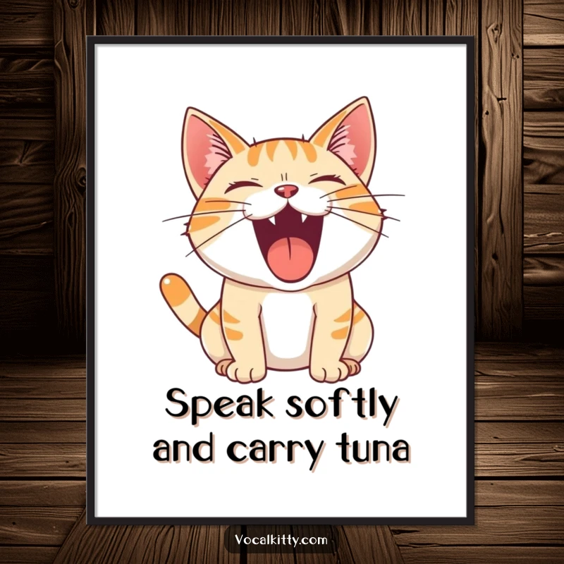 Funny Free Printable Wall Art of a cat with its mouth wide open, unleashing a mighty, joyful roar, full of personality.