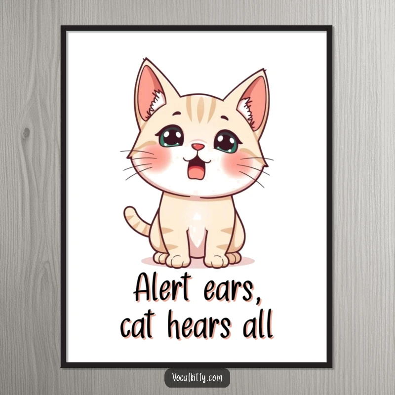 Funny Free Printable Wall Art: A cat startled by a loud noise, ears perked high, looking comically surprised and wide-eyed.