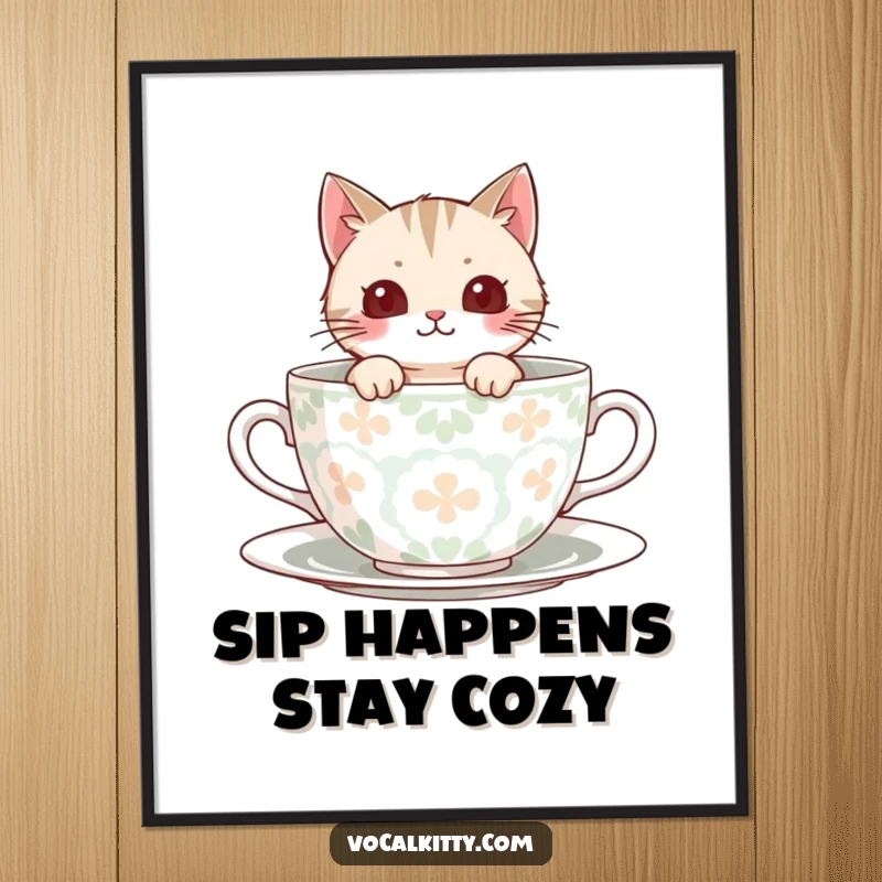 Funny Free Printable Wall Art: A cat peeks playfully from within a large, vibrantly patterned teacup.