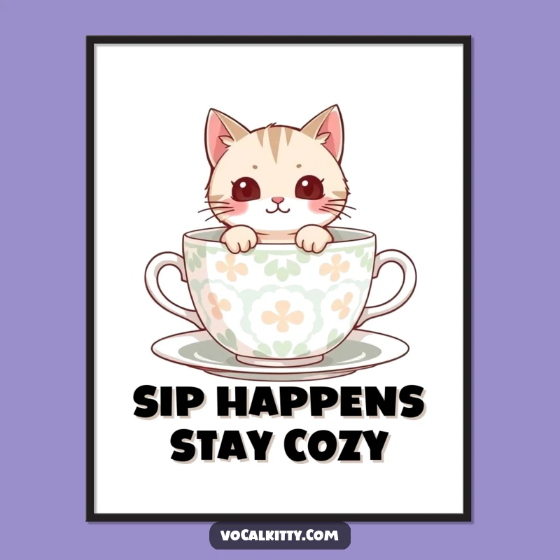 Free Printable Wall Art: Teacup Cat Cozy Funny Downloadable Art Gift