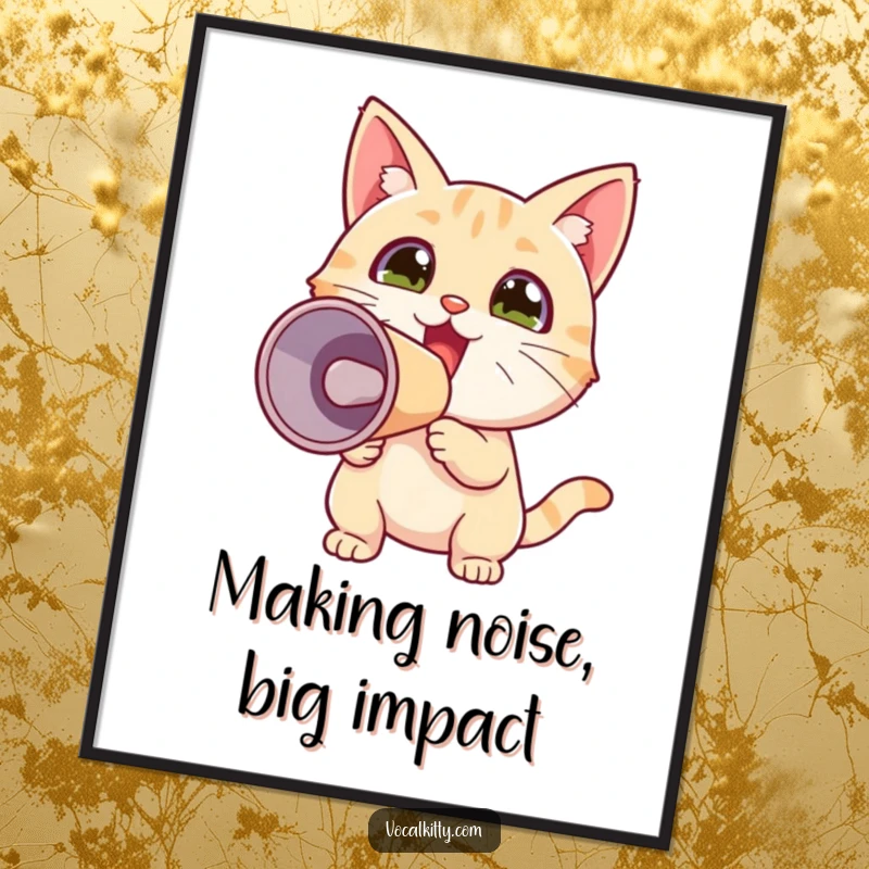 Funny Free Printable Wall Art: A tiny cat joyfully shouts through a megaphone, bringing energetic and humorous decoration.