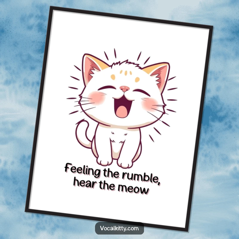 Funny Free Printable Wall Art: Cat character’s fur vibrating from a powerful, comical sound, creating a funny visual effect.