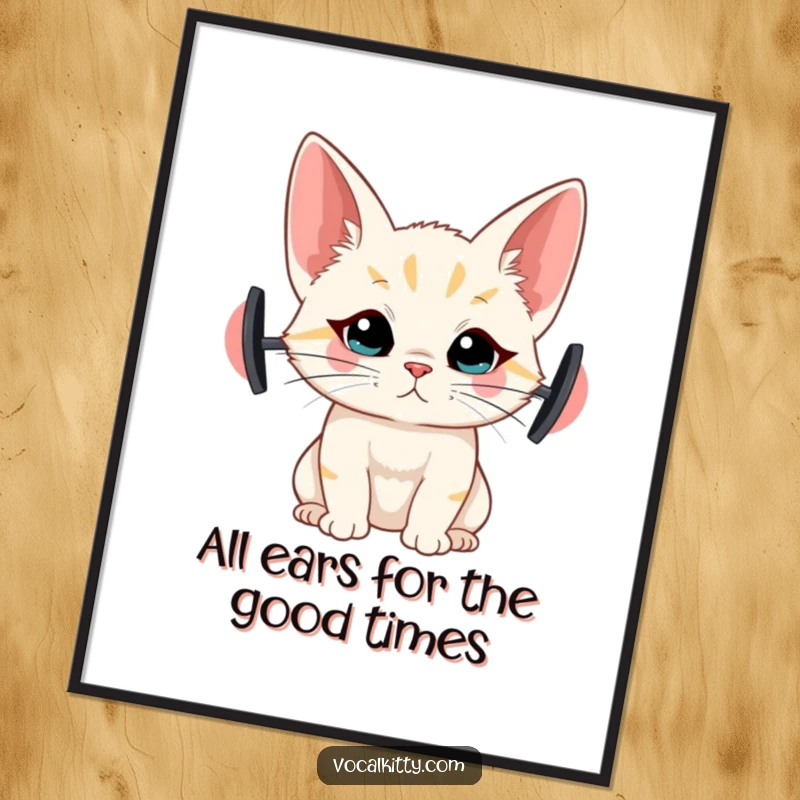 Funny Free Printable Wall Art: A curious cat with comically oversized ears, straining to hear secrets, adding humor to any room decor.