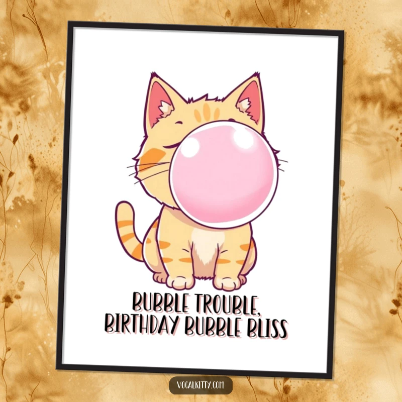 Funny free printable wall art: A cat sitting regally while blowing an impossibly large, glistening bubble gum bubble, full of mischief.