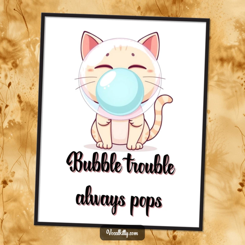 Funny Free Printable Wall Art: A cat blowing a gigantic, precarious bubblegum bubble, ready to create a hilarious splash of decor.
