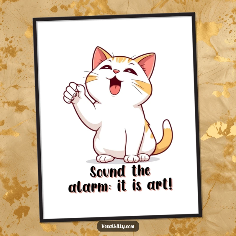 Funny Free Printable Wall Art featuring a cat dramatically pointing one paw towards the sky and bellowing with hilarious intensity.