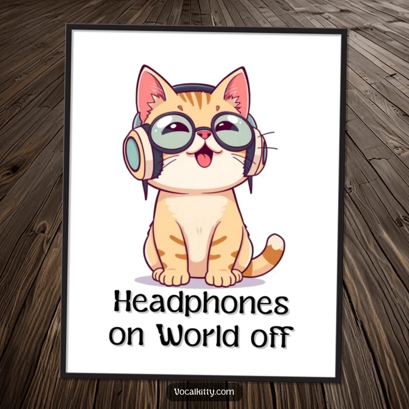 Funny Free Printable Cat Wall Art: Cat wearing oversized headphones, enthusiastically bobbing head. Musical downloadable art.