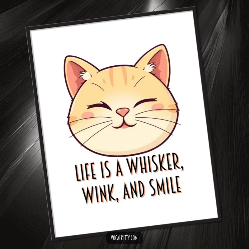Funny Free Printable Wall Art of a cat face with its whiskers playfully forming a winking expression, adding a touch of mischievous charm.
