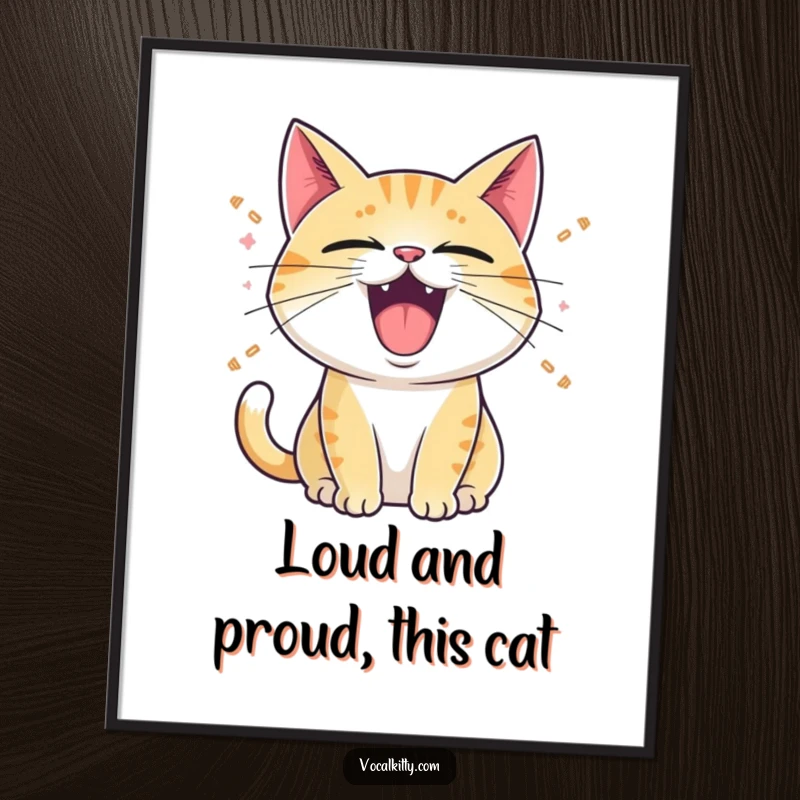 Funny Free Printable Wall Art: Cat with mouth wide open, emitting cartoon sound waves, making a loud noise.