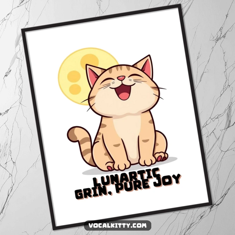 Funny Free Printable Wall Art: A cat with a huge grin howls ecstatically at a cartoon moon, creating a whimsical scene.