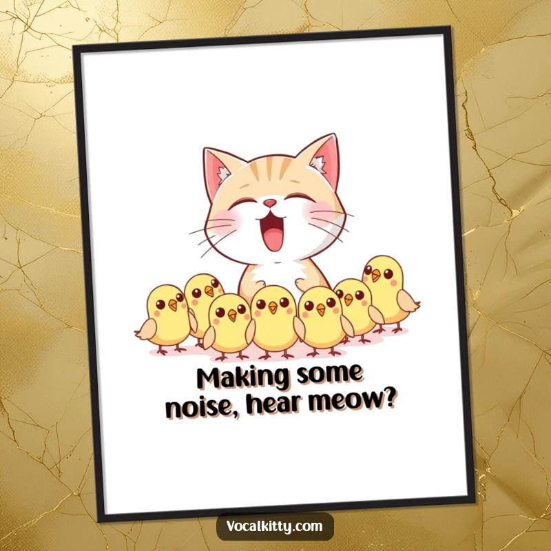 Funny Free Printable Wall Art: A cat character's loud meow startling little birds, creating a humorous and dynamic scene.