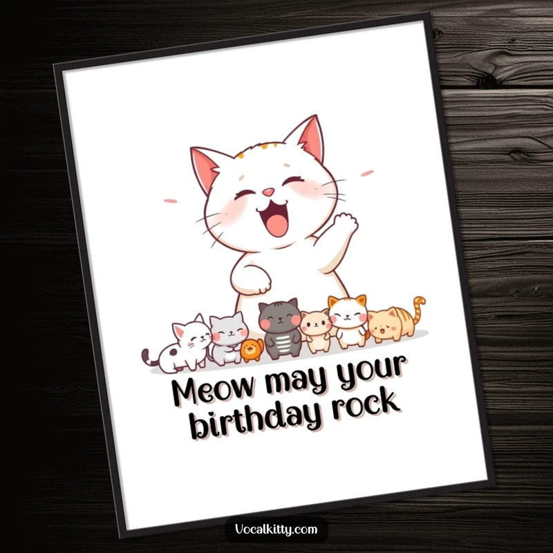 Funny free printable wall art: A bold cat mid-meow, comically startling a line of small, wide-eyed animals, creating a scene of playful chaos.