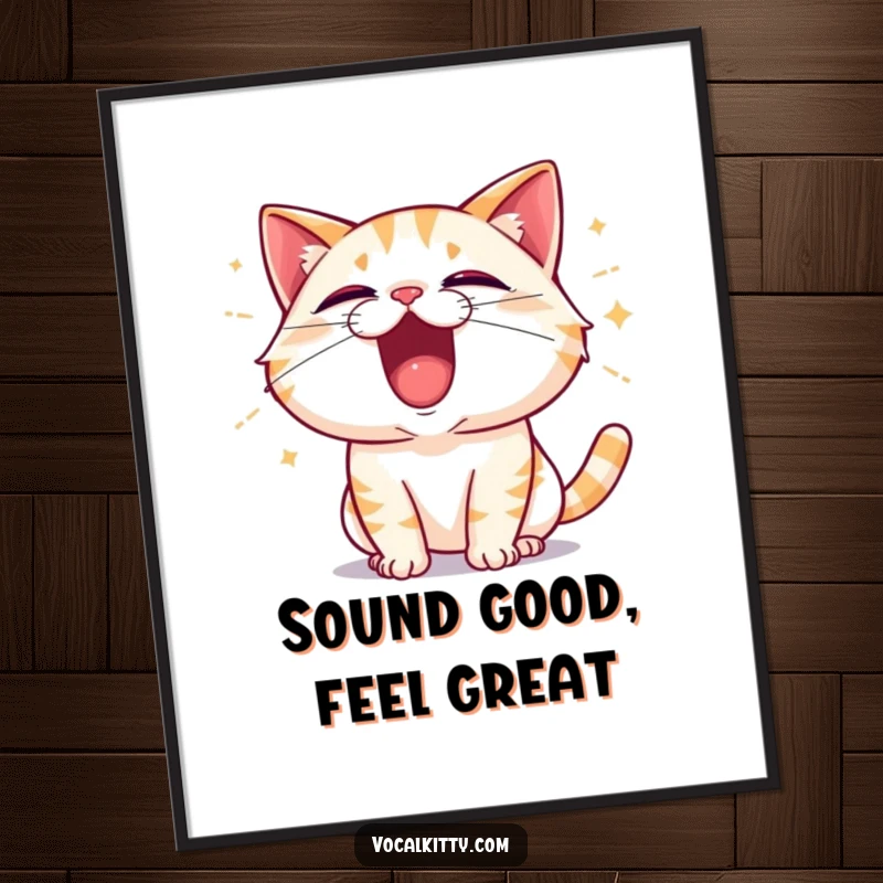 Funny Free Printable Wall Art: A cat erupts in an excited shout, with dynamic sound waves radiating outwards in a burst of energy.