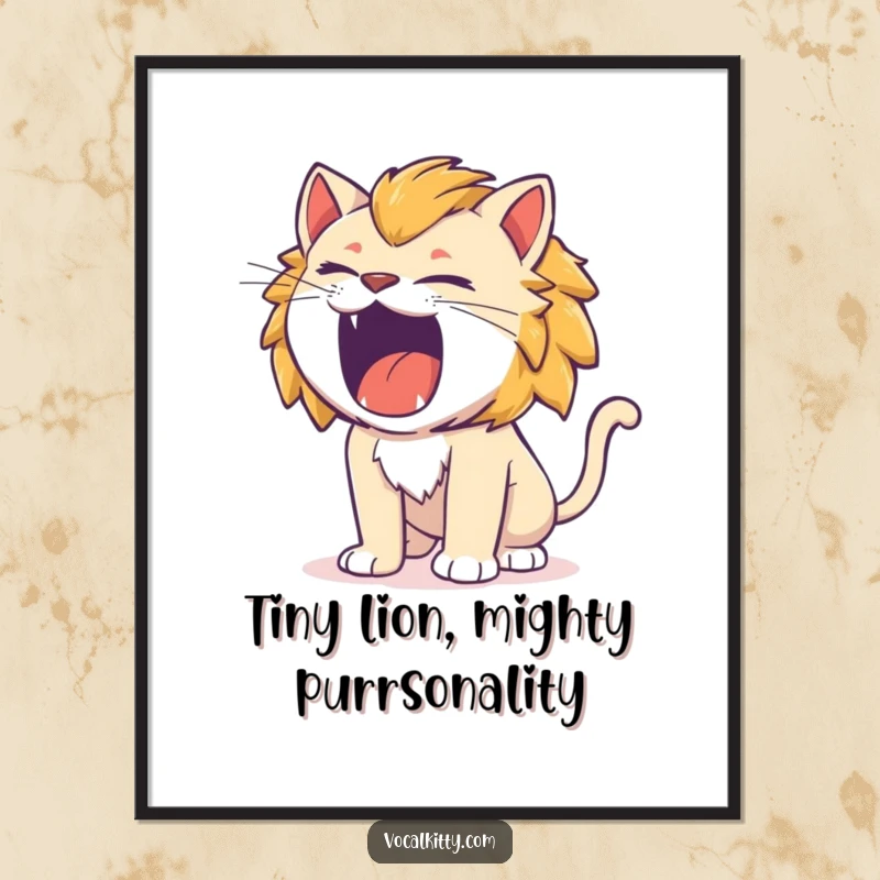 Funny Free Printable wall art of a cat roaring with the comical intensity of a tiny lion, exuding a fierce yet humorous presence.