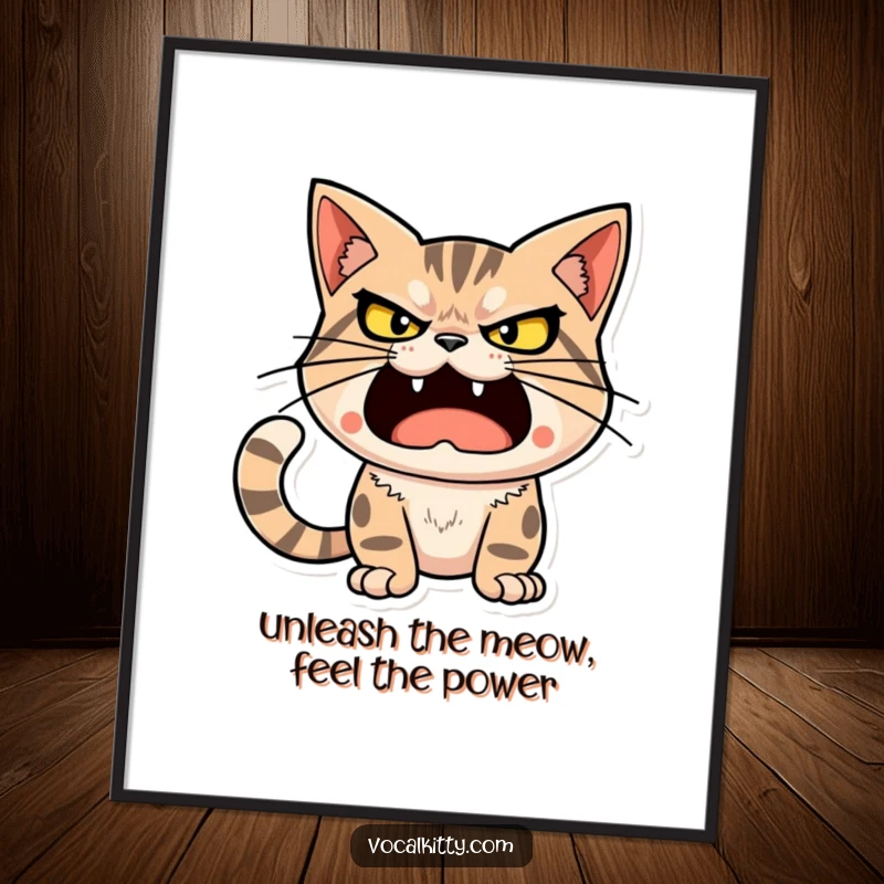 Funny Free Printable Wall Art: Cat character poised to release a powerful, funny sound, with a determined and loud expression.