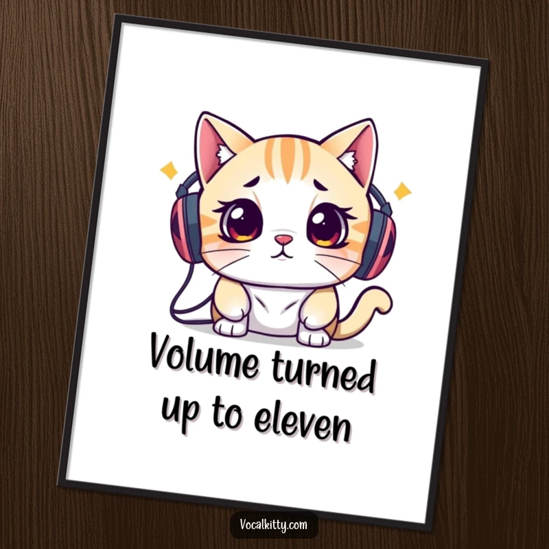 Funny Free Printable Wall Art: Cat with speakers on its head looks utterly overwhelmed, adding humor to the room.