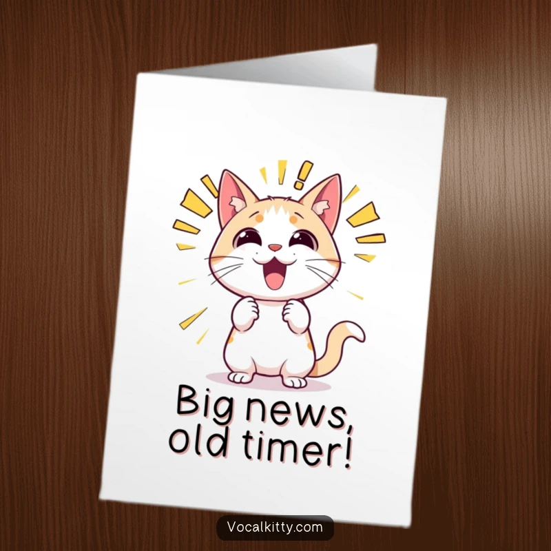 Funny Free Printable Birthday Card: Excited cat shouting BOOM with giant sound effects, celebrating a special day.