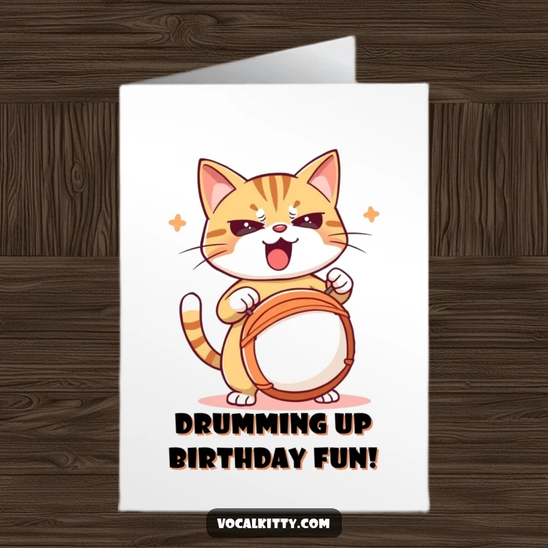 Free Printable Birthday Card: A focused cat enthusiastically pounds a drum with great intensity.