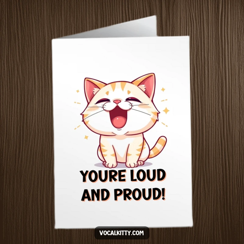 Funny Free Printable Birthday Card: A cat shouts with pure joy, sound waves exploding outwards for a loud birthday cheer.